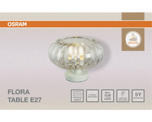 Osram Logo. Tischleuchte Flora mit geriffeltem Glasschirm und E27 Fassung. Textilkabel, flexible Montage, maximal 15 Watt LED, 5 Jahre Garantie.