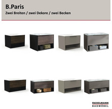 Fackelmann B.Paris Badmöbel-Sets in verschiedenen Breiten und Dekoren mit Waschbecken, Schublade und offenem Fach. Fackelmann Badmöbel Logo.