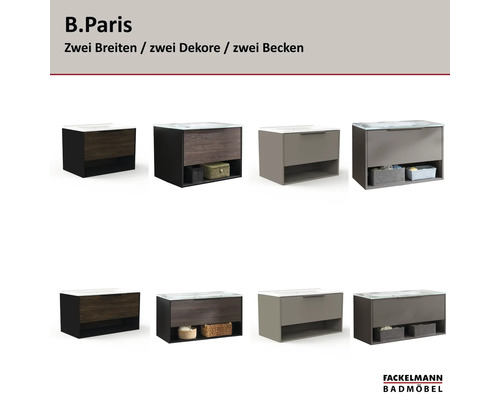 Fackelmann B.Paris Badmöbel-Sets in verschiedenen Breiten und Dekoren mit Waschbecken, Schublade und offenem Fach. Fackelmann Badmöbel Logo.