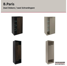 Fackelmann Badezimmerschränke der Serie B.Paris in zwei Dekoren und zwei Schranktypen mit Türen und offenen Regalfächern. Fackelmann Logo.
