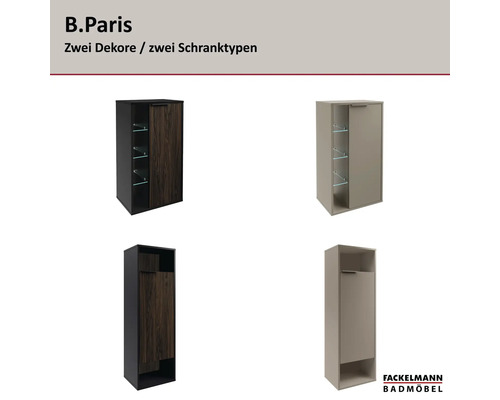 Fackelmann Badezimmerschränke der Serie B.Paris in zwei Dekoren und zwei Schranktypen mit Türen und offenen Regalfächern. Fackelmann Logo.