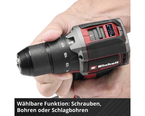 Einhell Akkumulator-Schlagbohrschrauber mit Einstellring für die Funktionen Schrauben, Bohren und Schlagbohren.