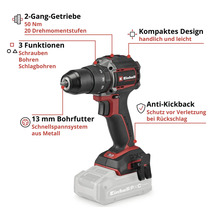 Einhell Akku-Schlagbohrschrauber mit 2-Gang-Getriebe, 50 Newtonmeter Drehmoment, 13 Millimeter Metallbohrfutter und Anti-Kickback-Funktion.