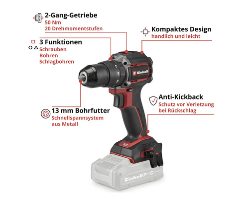Einhell Akku-Schlagbohrschrauber mit 2-Gang-Getriebe, 50 Newtonmeter Drehmoment, 13 Millimeter Metallbohrfutter und Anti-Kickback-Funktion.