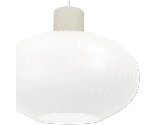 Pendelleuchtenschirm in Ellipsoidform mit gerippter Oberfläche und zylindrischer Halterung oben.