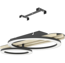 Moderne LED-Deckenleuchte mit zwei Ringen in Holzoptik und schwarzer Metallhalterung inklusive Montagebügel.