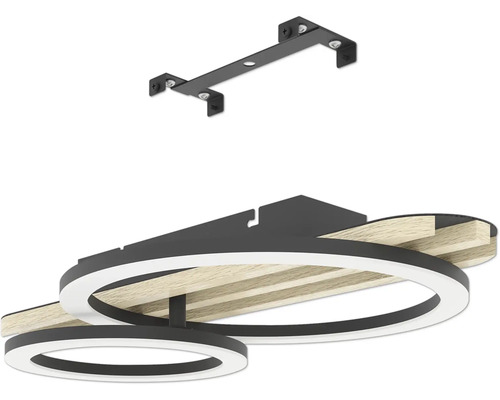 Moderne LED-Deckenleuchte mit zwei Ringen in Holzoptik und schwarzer Metallhalterung inklusive Montagebügel.
