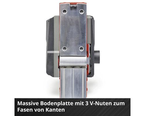 Elektrischer Hobel mit massiver Bodenplatte und drei V-Nuten zum Fasen von Kanten.