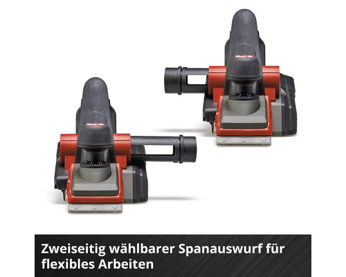 Elektrohobel mit beidseitig wählbarem Spanauswurf für flexibles Arbeiten.