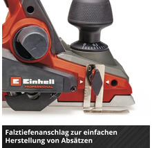 Einhell Elektrohobel mit Falztiefenanschlag zur einfachen Herstellung von Absätzen und Einhell Logo.