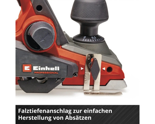Einhell Elektrohobel mit Falztiefenanschlag zur einfachen Herstellung von Absätzen und Einhell Logo.