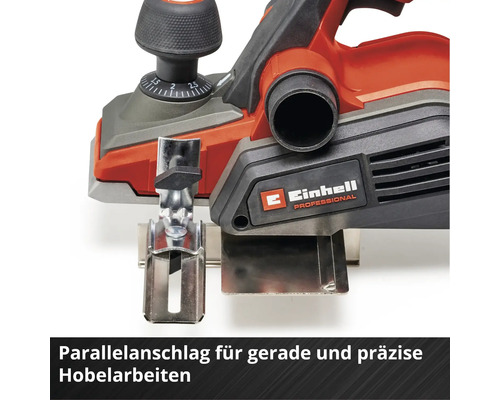 Einhell Elektrohobel mit Parallelanschlag für präzise Hobelarbeiten und Einhell Logo.