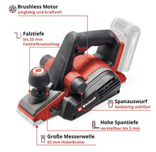 Einhell Akku-Hobel mit bürstenlosem Motor, 82 Millimeter Hobelbreite, 3 Millimeter Spantiefe und beidseitig wählbarem Spanauswurf.