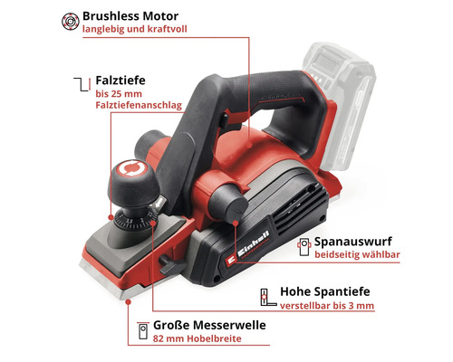 Einhell Akku-Hobel mit bürstenlosem Motor, 82 Millimeter Hobelbreite, 3 Millimeter Spantiefe und beidseitig wählbarem Spanauswurf.