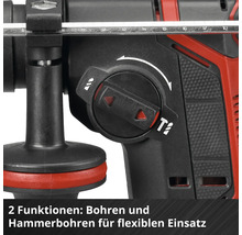 Detailansicht eines Bohrhammers mit dem Wahlschalter für die Funktionen Bohren und Hammerbohren sowie einem Tiefenanschlag.