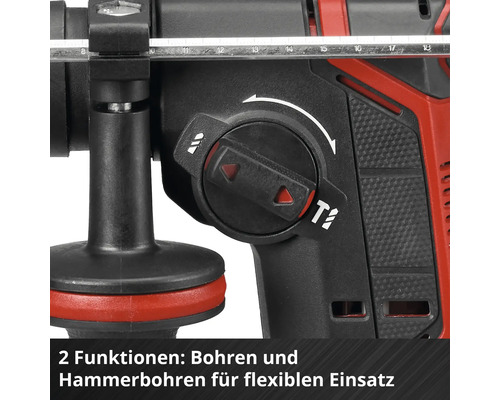 Detailansicht eines Bohrhammers mit dem Wahlschalter für die Funktionen Bohren und Hammerbohren sowie einem Tiefenanschlag.