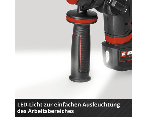 Einhell Akku-Bohrhammer mit integriertem LED-Licht zur Ausleuchtung des Arbeitsbereiches.