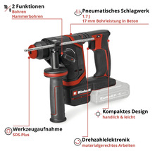 Einhell Akku-Bohrhammer mit SDS-Plus Aufnahme, pneumatischem Schlagwerk, 1,7 Joule, zwei Funktionen, Drehzahlelektronik, kompaktes Design, Einhell Logo.
