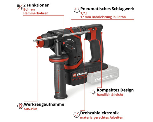 Einhell Akku-Bohrhammer mit SDS-Plus Aufnahme, pneumatischem Schlagwerk, 1,7 Joule, zwei Funktionen, Drehzahlelektronik, kompaktes Design, Einhell Logo.