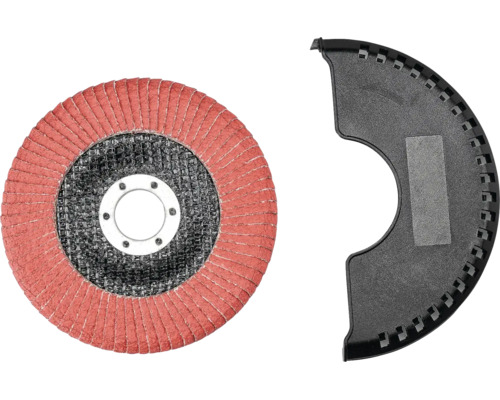 Fächerschleifscheibe und Schutzhaube für Winkelschleifer.