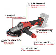 Einhell Akku-Winkelschleifer mit Flachkopf für Nischen bis 43 Grad, 33 Millimeter Schnitttiefe, 700 Watt Leistung und Zusatzhandgriff.