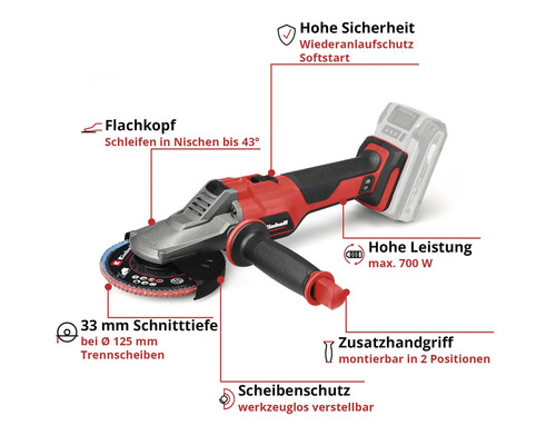 Einhell Akku-Winkelschleifer mit Flachkopf für Nischen bis 43 Grad, 33 Millimeter Schnitttiefe, 700 Watt Leistung und Zusatzhandgriff.