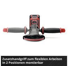 Winkelschleifer mit einem Zusatzhandgriff, der in zwei verschiedenen Positionen montiert werden kann.