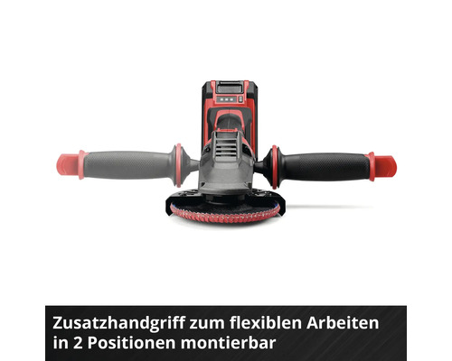 Winkelschleifer mit einem Zusatzhandgriff, der in zwei verschiedenen Positionen montiert werden kann.