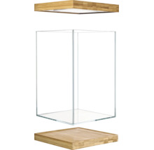 Quadratisches Glasterrarium mit Deckel und Bodenplatte aus Bambus.