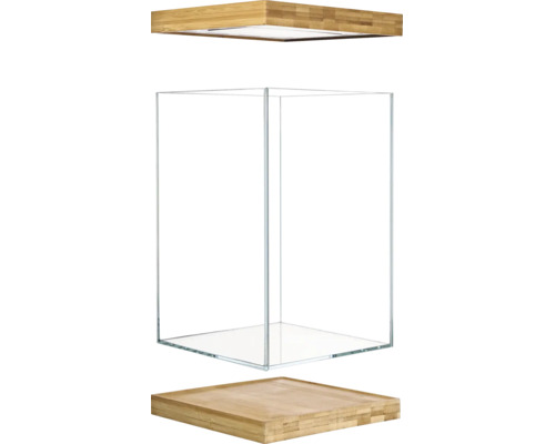 Quadratisches Glasterrarium mit Deckel und Bodenplatte aus Bambus.
