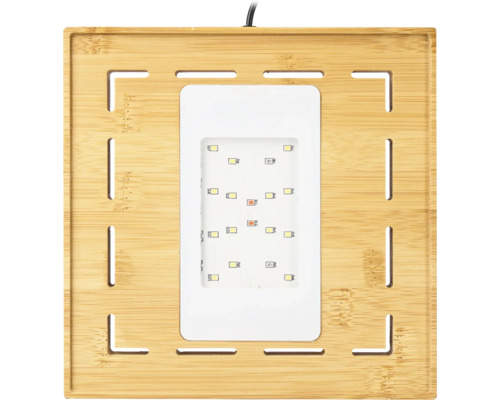 Quadratische LED-Pflanzenlampe mit einem Rahmen aus Bambus und einem zentralen Leuchtfeld mit mehreren Leuchtdioden.