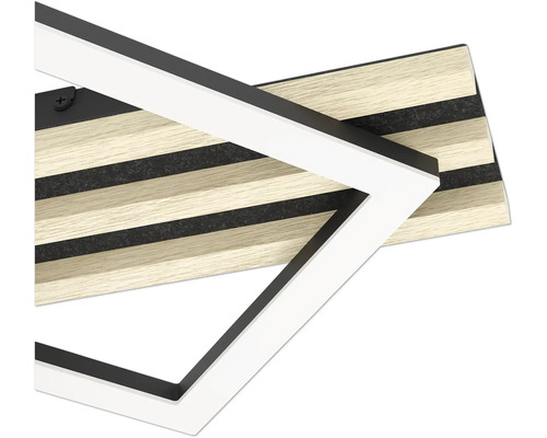 Detail einer LED-Deckenleuchte mit quadratischem Rahmen und dekorativen Holzlamellen.