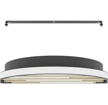 Moderne Deckenleuchte mit LED-Streifen und Innenseite in Holzoptik.