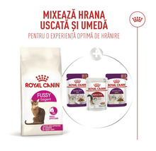 Royal Canin Logo, Kombination aus Fussy Exigent Trockenfutter und Sensory sowie Instinctive Nassfutter für Katzen.