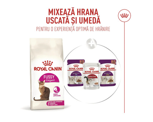 Royal Canin Logo, Kombination aus Fussy Exigent Trockenfutter und Sensory sowie Instinctive Nassfutter für Katzen.