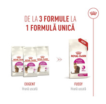 Royal Canin Logo und Infografik zur Umstellung von drei Exigent Trockenfutter Varianten auf eine neue gemeinsame Fussy Exigent Rezeptur.
