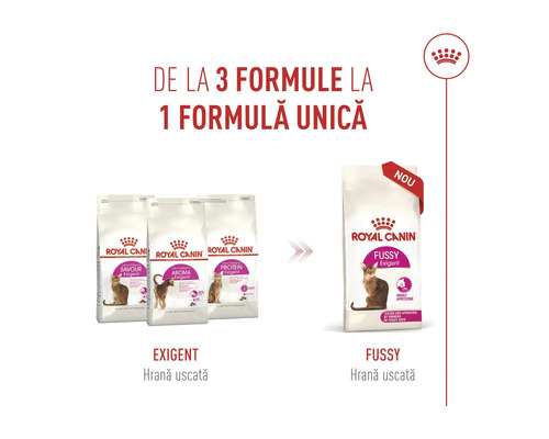 Royal Canin Logo und Infografik zur Umstellung von drei Exigent Trockenfutter Varianten auf eine neue gemeinsame Fussy Exigent Rezeptur.