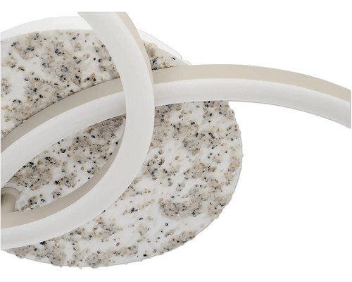 Moderne LED-Leuchte mit rundem Sockel in Steinoptik und geschwungenen Lichtbändern.