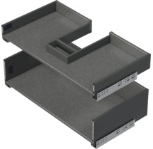 Zwei Schubladenauszüge für Unterschränke, obere Schublade mit Siphonausschnitt, Metallzargen und Antirutschmatten.