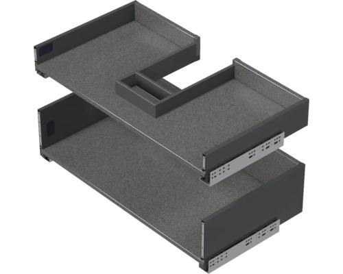 Zwei Schubladenauszüge für Unterschränke, obere Schublade mit Siphonausschnitt, Metallzargen und Antirutschmatten.