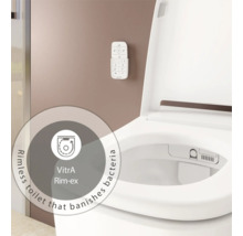 Spülrandlose VitrA Rim-ex Toilette mit Fernbedienung an der Wand, hygienisches Design ohne Spülrand zur Vermeidung von Bakterien.
