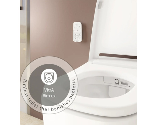 Spülrandlose VitrA Rim-ex Toilette mit Fernbedienung an der Wand, hygienisches Design ohne Spülrand zur Vermeidung von Bakterien.