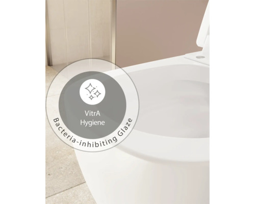 Siegel VitrA Hygiene für bakterienhemmende Glasur auf einem WC.