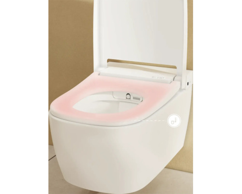 Modernes Wand-Dusch-WC mit beheizbarer Sitzfunktion, verdeutlicht durch ein Thermometer-Symbol für die Temperatureinstellung.