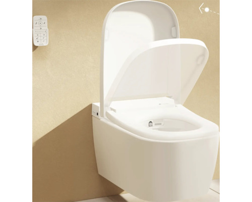 Wandhängendes Dusch-WC aus Keramik mit geöffnetem Deckel und Wandfernbedienung in einem modernen Badezimmer.