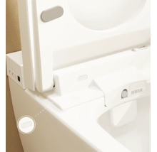 Detailansicht einer Vitra V-care Dusch-Toilette mit geöffnetem Deckel, integrierter Düse, Bedienfeld und markiertem Sensor an der Seite.