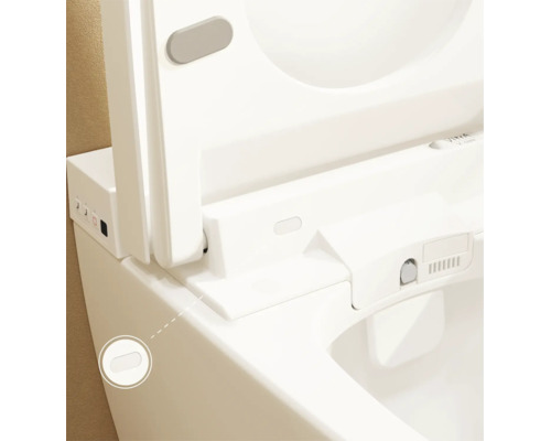 Detailansicht einer Vitra V-care Dusch-Toilette mit geöffnetem Deckel, integrierter Düse, Bedienfeld und markiertem Sensor an der Seite.
