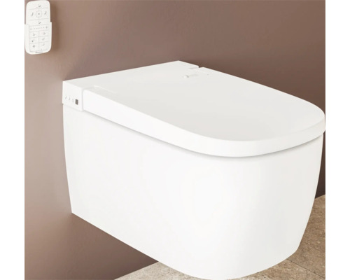 Wand-Dusch-WC mit Fernbedienung und geschlossenem Deckel.