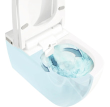 VitrA Dusch-WC mit spülrandloser Spültechnik. Die Darstellung zeigt den Wasserverlauf im Becken und die integrierte Bidet-Düse.