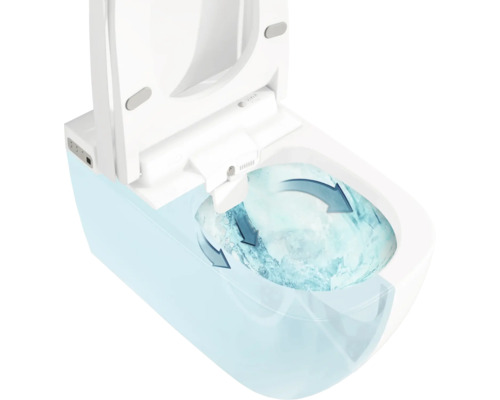VitrA Dusch-WC mit spülrandloser Spültechnik. Die Darstellung zeigt den Wasserverlauf im Becken und die integrierte Bidet-Düse.